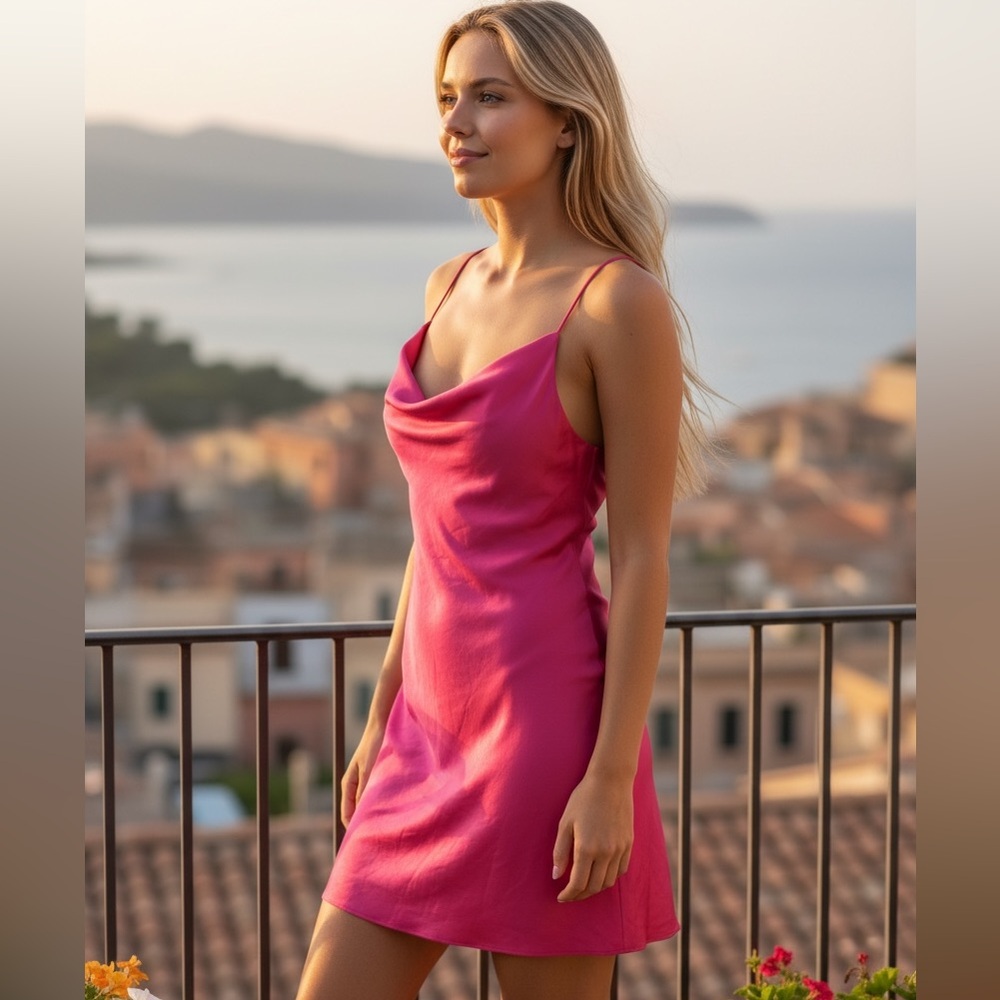 Free People Intimately Cowl Girl Slip Dress Fuchsia Pink Strappy Back Sz Small